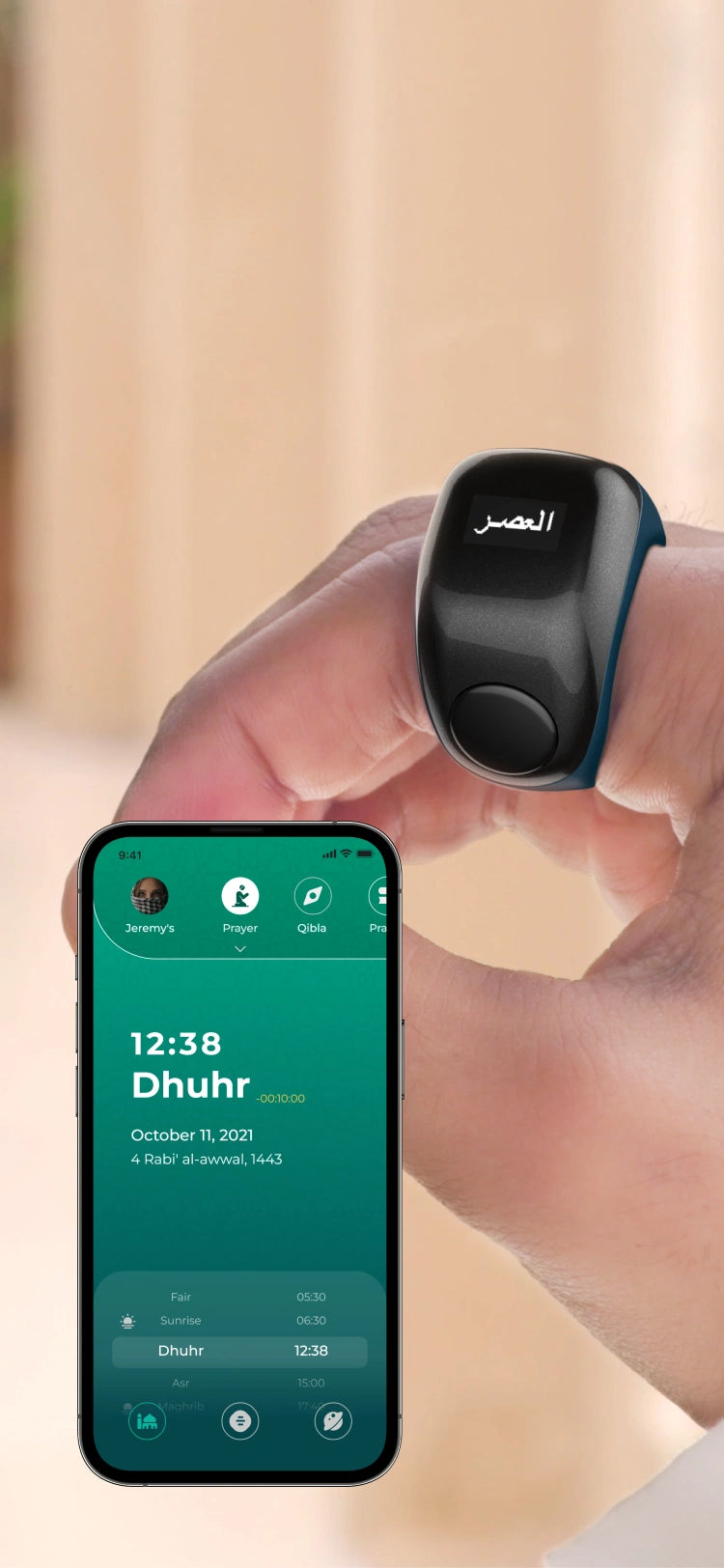 Bague Smart Tasbih KEWAYO - Compteur Prières Numérique Rechargeable Noir 22mm